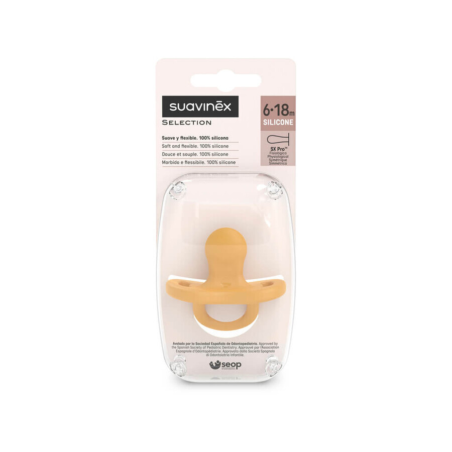 Suavinex Colour Essence SX Pro, suzetă, 100% silicon, fiziologică, muștar, 6-18 luni, 1 buc