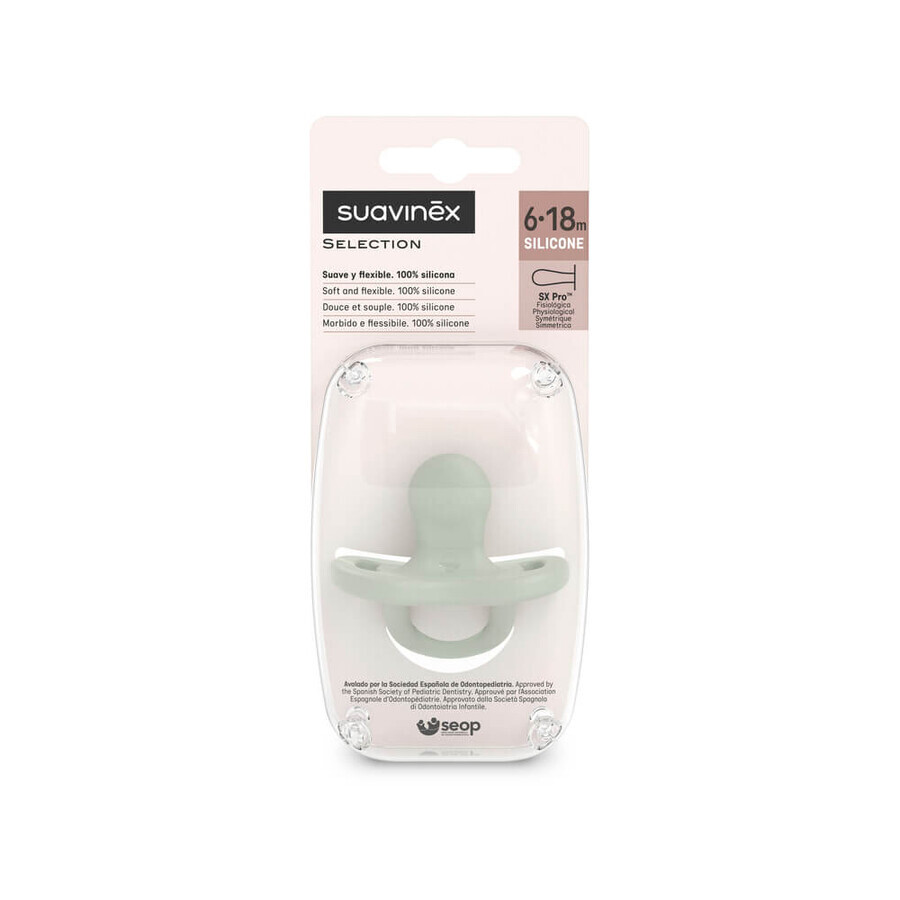Suavinex Colour Essence SX Pro, suzetă, 100% silicon, fiziologică, verde, 6-18 luni, 1 buc