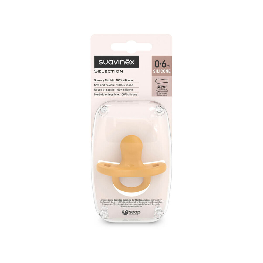 Suavinex Colour Essence SX Pro, suzetă, 100% silicon, fiziologică, muștar, 0-6 luni, 1 buc
