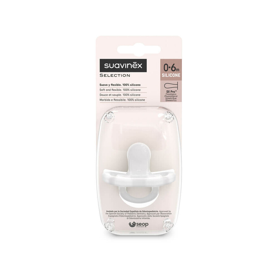 Suavinex Colour Essence SX Pro, sucette, 100% silicone, physiologique, transparent, 0-6 mois, 1 pièce