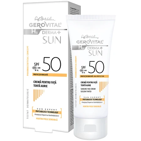 Gerovital H3 Derma+ Sun SPF50 Crema Facial Tinte Dorado, 50ml, Farmec