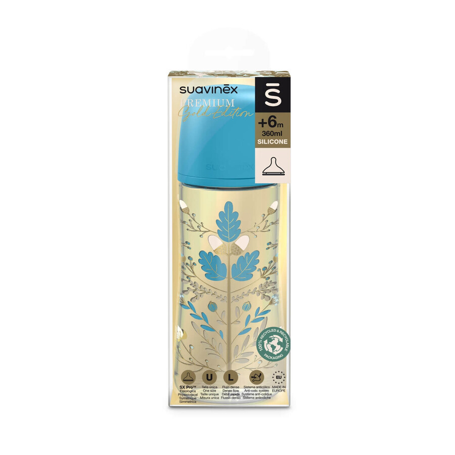 Suavinex Gold Premium, biberon avec tétine physiologique SX Pro, débit rapide, bleu, à partir de 6 mois, 360 ml