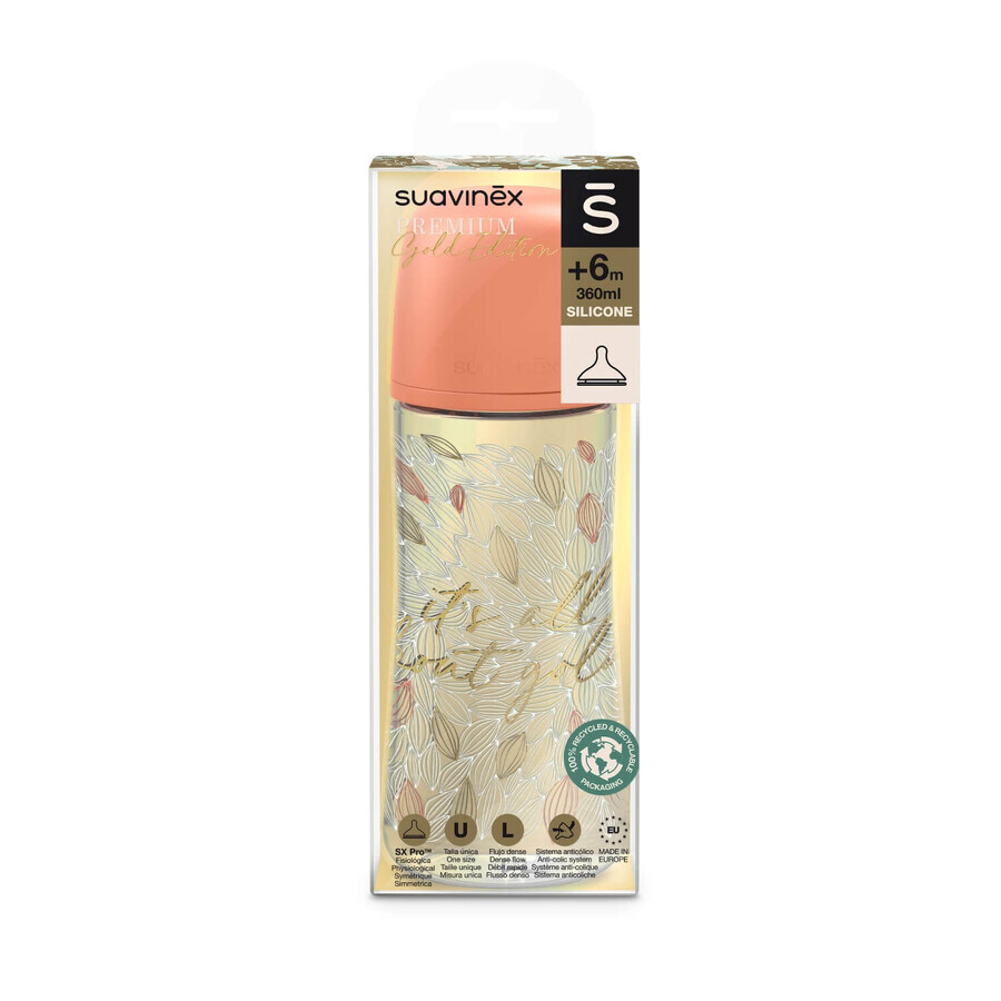 Suavinex SX Pro, biberon, débit rapide, avec tétine physiologique, Gold Premium, orange, 360 ml