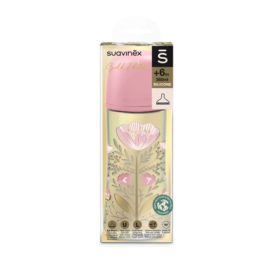 Suavinex SX Pro, biberón, flujo rápido, con tetina fisiológica, Gold Premium, rosa, 360 ml