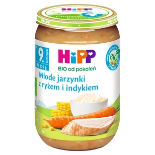 Plato HiPP Bio, verduras jóvenes con arroz y pavo, después de 9 meses, 220 g