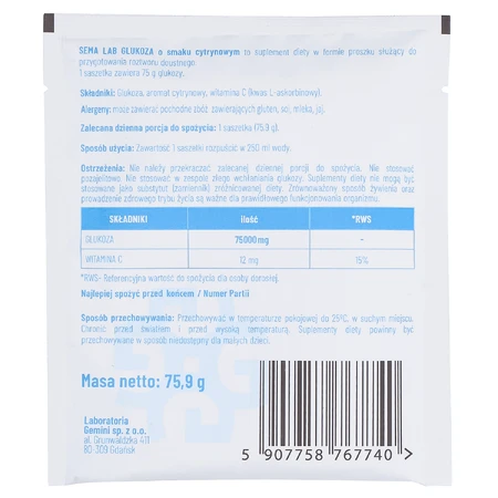 SEMA Lab Glucose, poeder voor orale oplossing, citroensmaak, 75,9 g