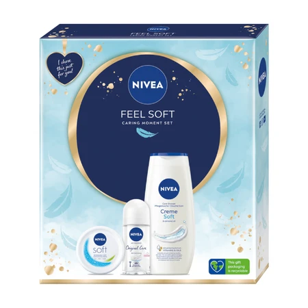 Set Nivea Feel Soft, crème hydratante intensive pour le visage, le corps et les mains, 100 ml + Original Care, roll-on anti-transpiration, 48h, 50 ml + Creme Soft, gel douche, 250 ml 