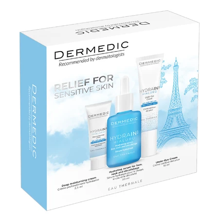 Kit Dermedic Hydrain 3 Hialuro, moisturizing serum for face, neck and décolleté, dry skin, 30 ml + eye cream, 15 ml + deep moisturizing cream, 2.5 ml