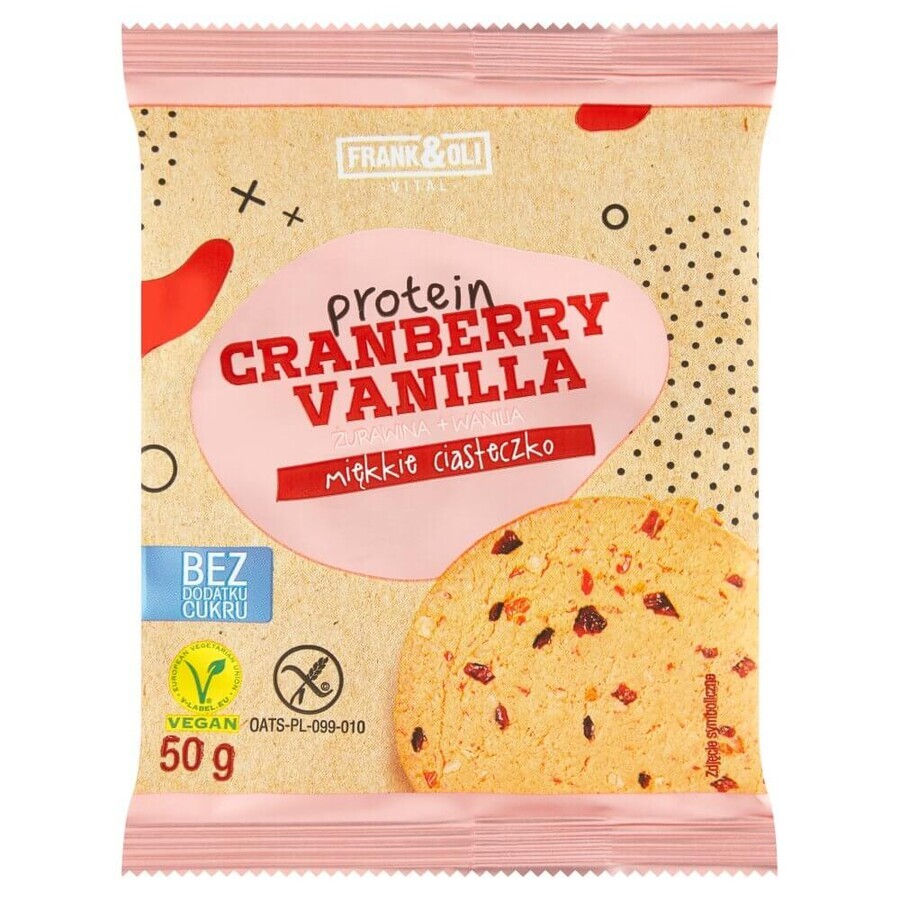 Frank&amp;Oli Protein, biscotto morbido, mirtillo rosso + vaniglia, 50 g