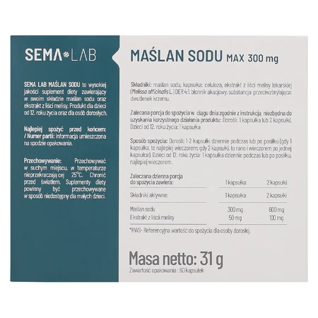 SEMA Lab Natriumbutyrat Max 300 mg, 60 Kapseln mit verzögerter Wirkstofffreisetzung