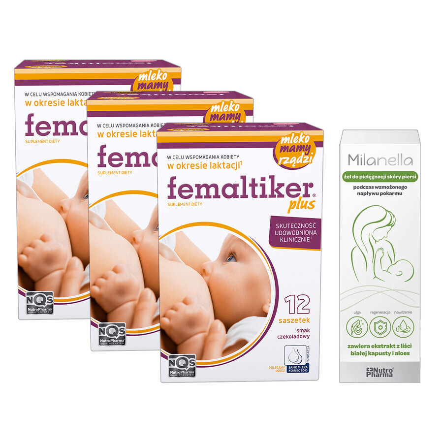 Set Femaltiker Plus, sabor chocolate, 3 x 12 sobres + Milanella, gel para el cuidado de la piel de los senos, 75 ml