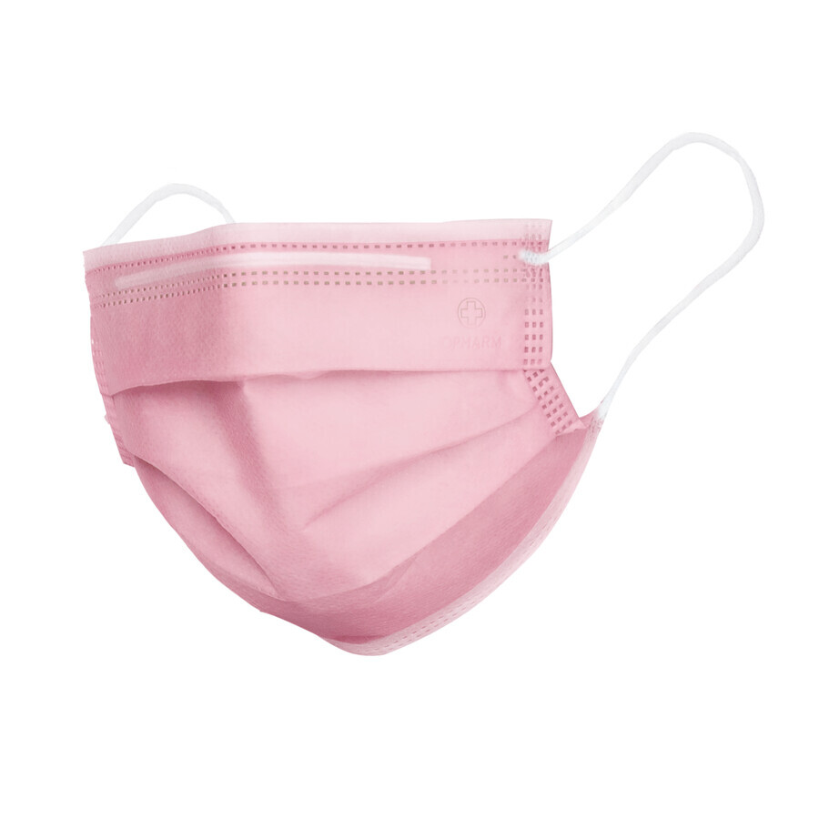 Opharm, medical mask, disposable, 3 layers, type IIR, pink, 50 pieces
