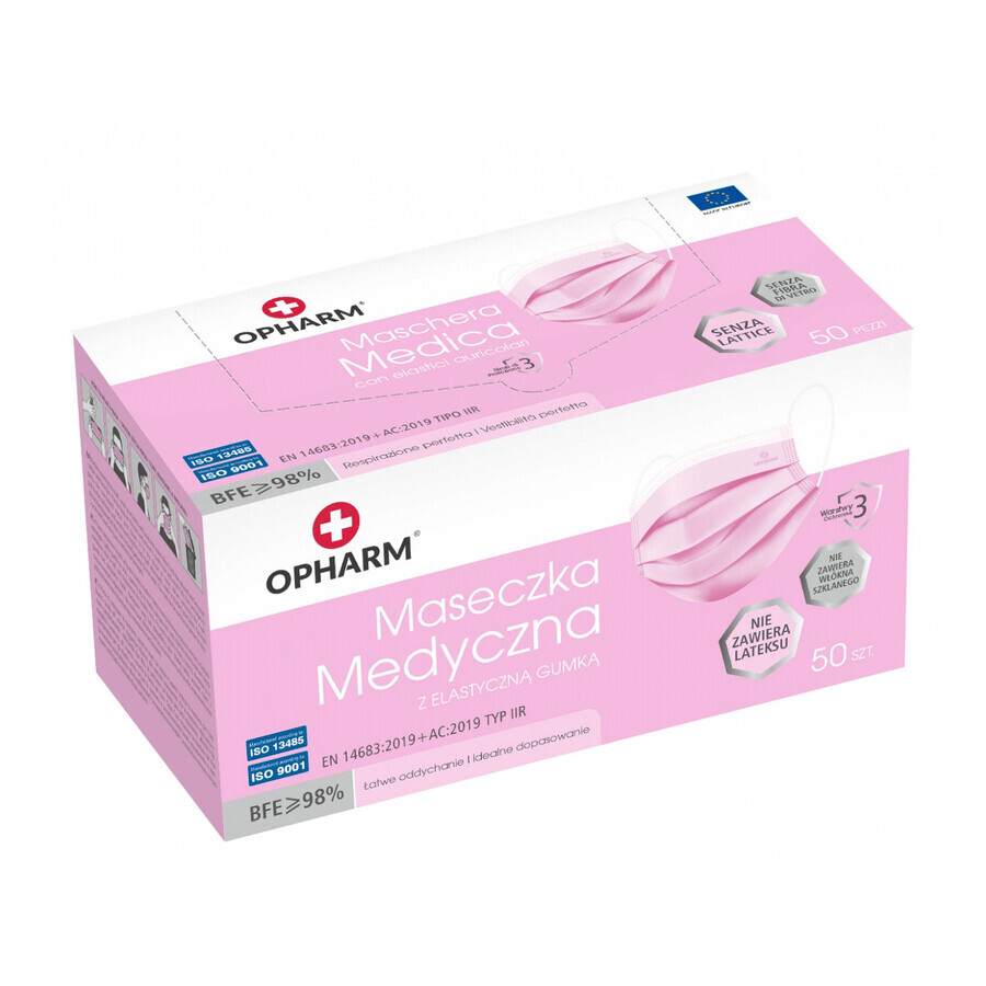 Opharm, medical mask, disposable, 3 layers, type IIR, pink, 50 pieces