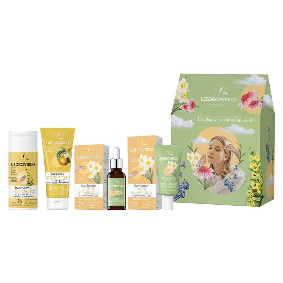 Uzdrovisco Set fără ulei, ser hidratant, 30 ml + cremă hidratantă, 50 ml + spumă de exfoliere progresivă, 60 ml + tonic-essence cu acizi AHA, 150 ml