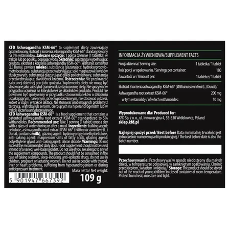 KFD A66 Ashwahandha KSM-66, 180 tablets