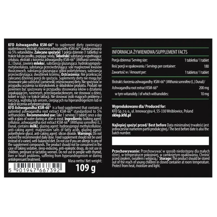 KFD A66 Ashwahandha KSM-66, 180 compresse
