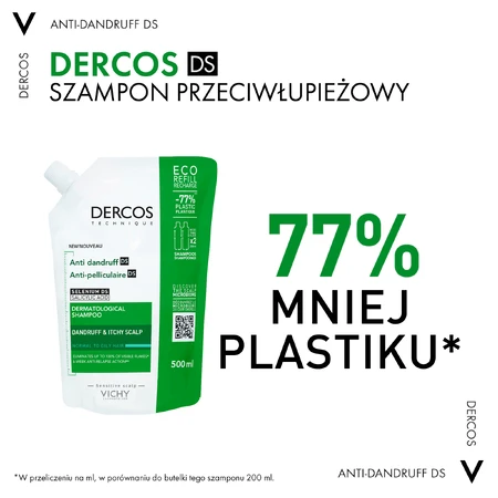 Vichy Dercos Anticaspa DS, champú anticaspa, cabello normal y graso, recambio, 500 ml