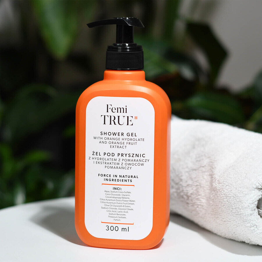 Femi True, gel de duș cu hidrat de portocale și extract de fructe de portocale, 300 ml