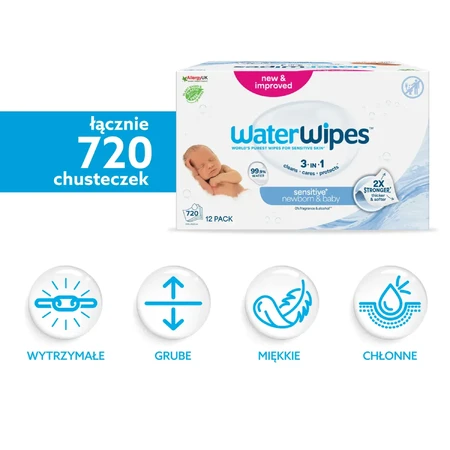 WaterWipes Bio, vochtige doekjes, water, vanaf de geboorte, 12 x 60 st.