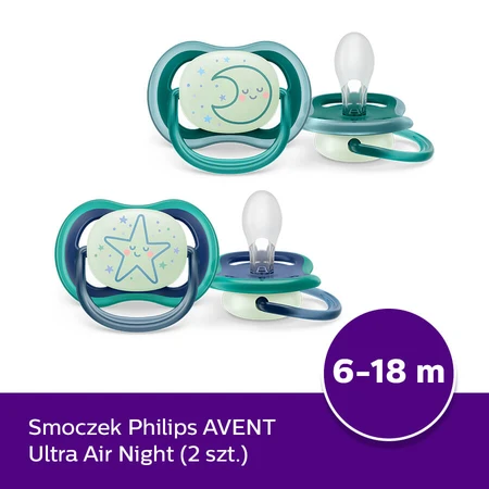 Avent Ultra Air Nighttime, chupete calmante, silicona, simétrico, brilla en la oscuridad, niño, SCF376/13, 6-18 meses, 2 piezas