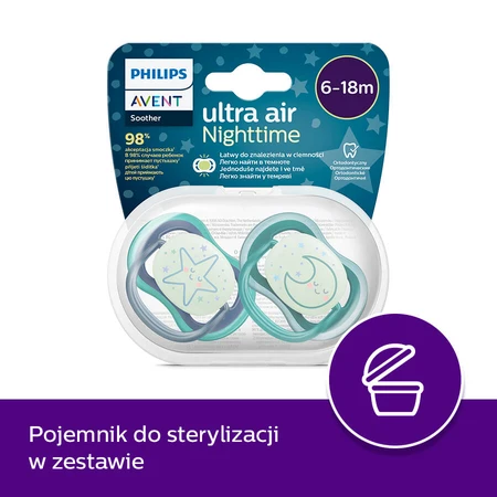 Avent Ultra Air Nighttime, chupete calmante, silicona, simétrico, brilla en la oscuridad, niño, SCF376/13, 6-18 meses, 2 piezas