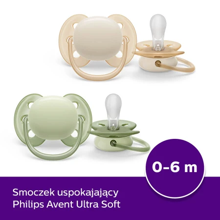Avent Ultra Soft, chupete, silicona, simétrico, neutro, SCF091/05, 0-6 meses, 2 piezas