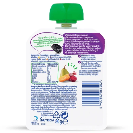 BoboVita Mousse en tube, poire avec betterave et prune séchée, après 6 mois, 80 g
