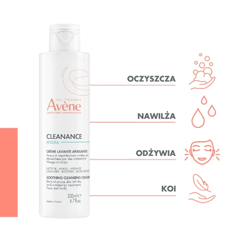 Avene Cleanance Hydra, crema limpiadora y calmante para rostro y cuerpo después de tratamientos farmacológicos, 200 ml