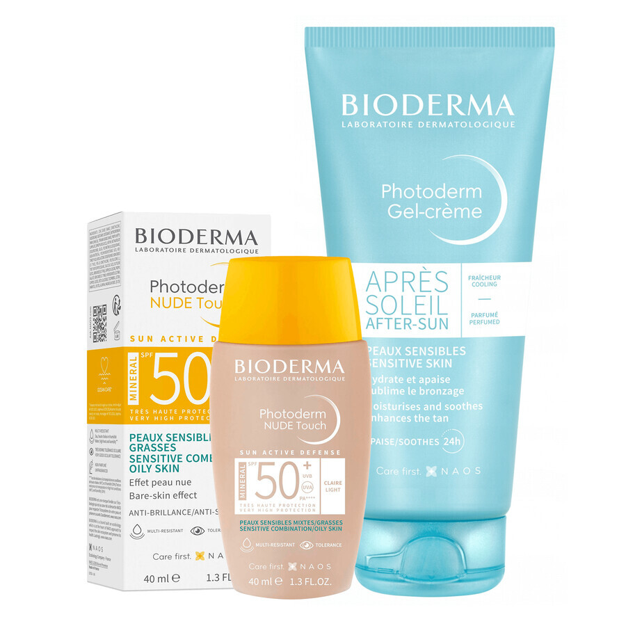 Set Bioderma Photoderm, fond de teint minéral à effet nude, léger, SPF 50+, 40 ml + gel-crème apaisant pour prolonger le bronzage, 100 ml