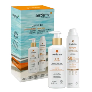 Sesderma set, C-Vit Radiance, leche corporal iluminadora, 250 ml + Repaskin, spray protector solar transparente, SPF 50, 200 ml