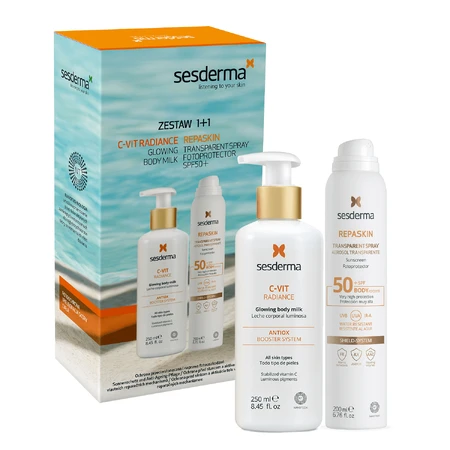 Sesderma set, C-Vit Radiance, leche corporal iluminadora, 250 ml + Repaskin, spray protector solar transparente, SPF 50, 200 ml