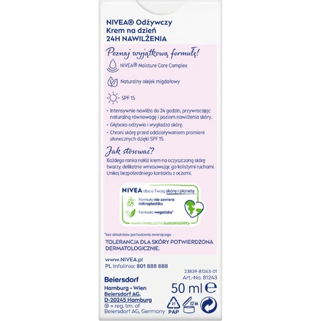 Nivea 24h Crema de día hidratante y nutritiva, piel seca y sensible, 50 ml
