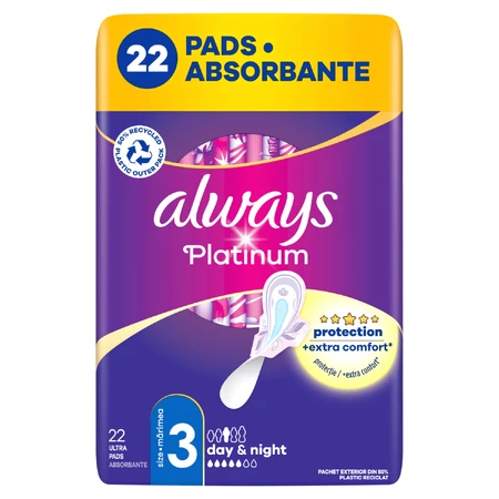 Always Platinum, serviettes hygiéniques avec ailettes, taille 3, Day &amp; Night, 22 pièces