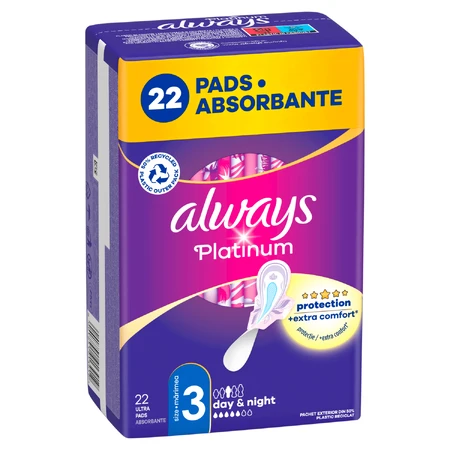 Always Platinum, serviettes hygiéniques avec ailettes, taille 3, Day &amp; Night, 22 pièces