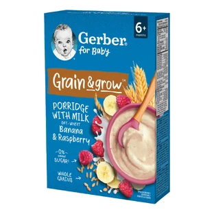 Gerber Grain & Grow Gachas de avena y trigo, plátano, frambuesa, leche, sin azúcar añadido, a partir de 6 meses, 200 g