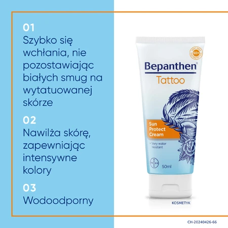 Bepanthen Tattoo, zonnebrandcrème voor getatoeëerde huid, SPF50+, 50 ml