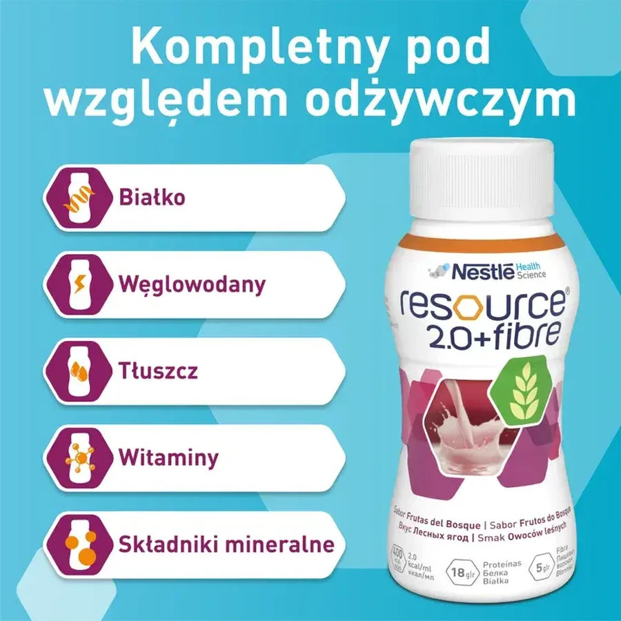 Resource 2.0 + Fibre, suplemento nutricional, sabor a frutos del bosque, 4 x 200 ml