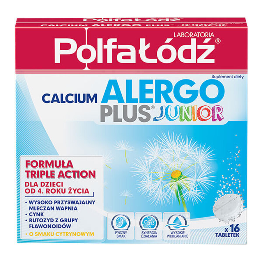 Laboratoria PolfaŁŁódź Calcium Alergo Plus Junior for children from 4 years of age, lemon flavor, 16 effervescent tablets