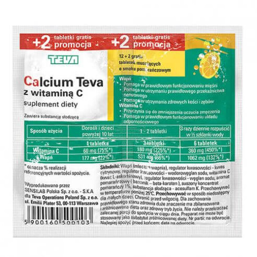 Calcio Teva con vitamina C, gusto arancia, 14 compresse effervescenti