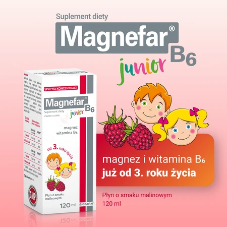 Magnefar B6 Junior 3+, sabor a frambuesa, 120 ml, Biofarm