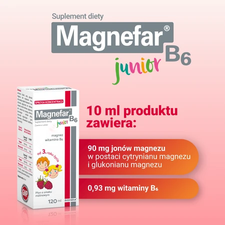 Magnefar B6 Junior 3+, sabor a frambuesa, 120 ml, Biofarm