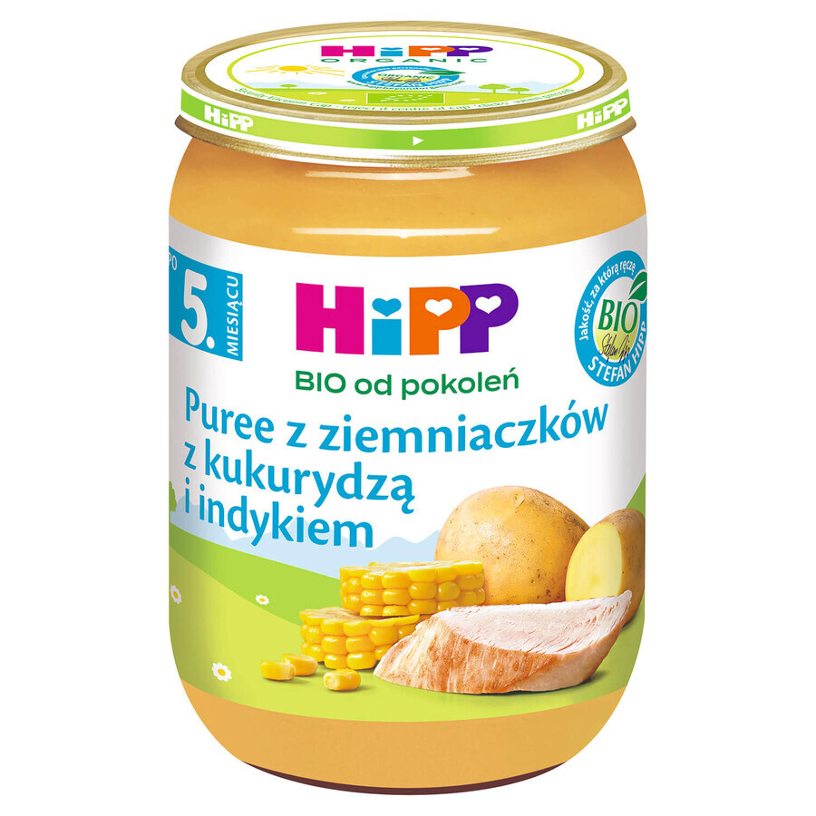 Buy HiPP Bio food, mashed potatoes with corn and turkey, after 5 months, 190 g. HiPP Bio food, mashed potatoes with corn and turkey, after 5 months, 190 g.