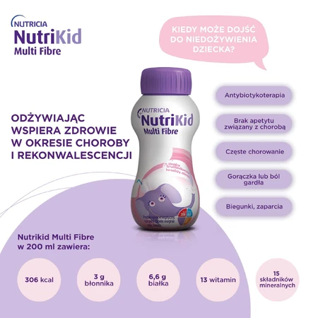 NutriKid Multi Fiber, preparado nutricional para niños mayores de 1 año, sabor fresa, 200 ml