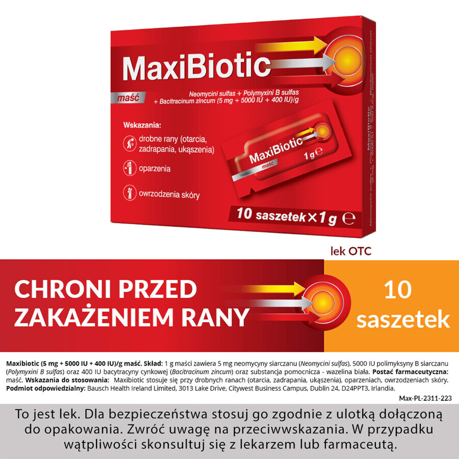 Maxibiotic (5 mg + 5000 UI + 400 UI)/g, zalf, 1 g x 10 sachets