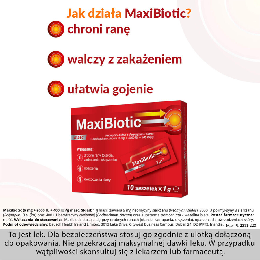 Maxibiotic (5 mg + 5000 UI + 400 UI)/g, zalf, 1 g x 10 sachets
