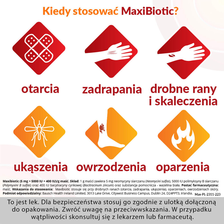 Maxibiotic (5 mg + 5000 UI + 400 UI)/g, zalf, 1 g x 10 sachets