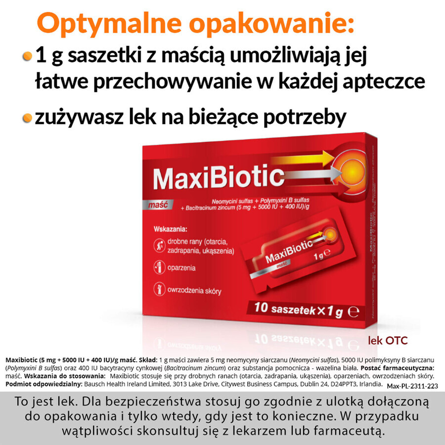 Maxibiotic (5 mg + 5000 UI + 400 UI)/g, zalf, 1 g x 10 sachets