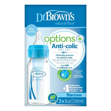 Dr Brown's Options+, Biberón anticólicos estándar con cuello estrecho y tetina tamaño 1, azul, desde el nacimiento, 2 x 250 ml