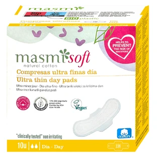 Masmi Natural Cotton Soft, compresas sanitarias de algodón orgánico, con alas, para uso diurno, ultrafinas, 10 unidades