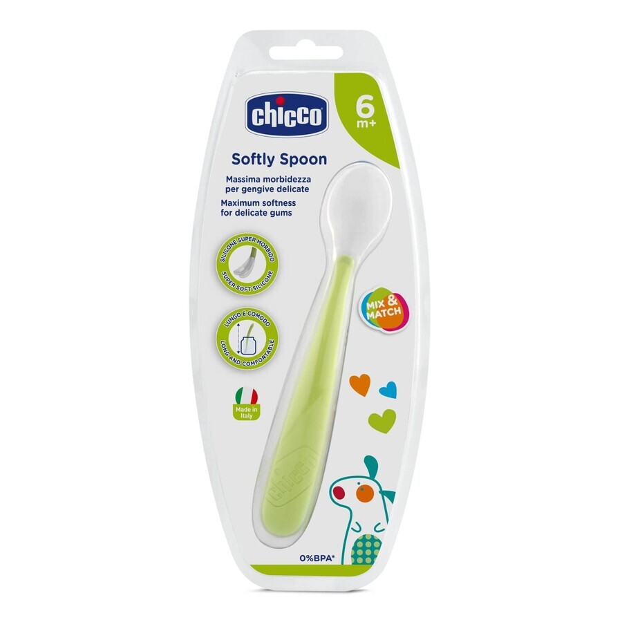 Chicco, cucchiaio morbido, silicone, verde, da 6 mesi, 1 pezzo Chicco, cucchiaio morbido, silicone, verde, da 6 mesi, 1 pezzo